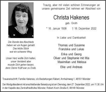 Anzeige von Christa Hakenes 