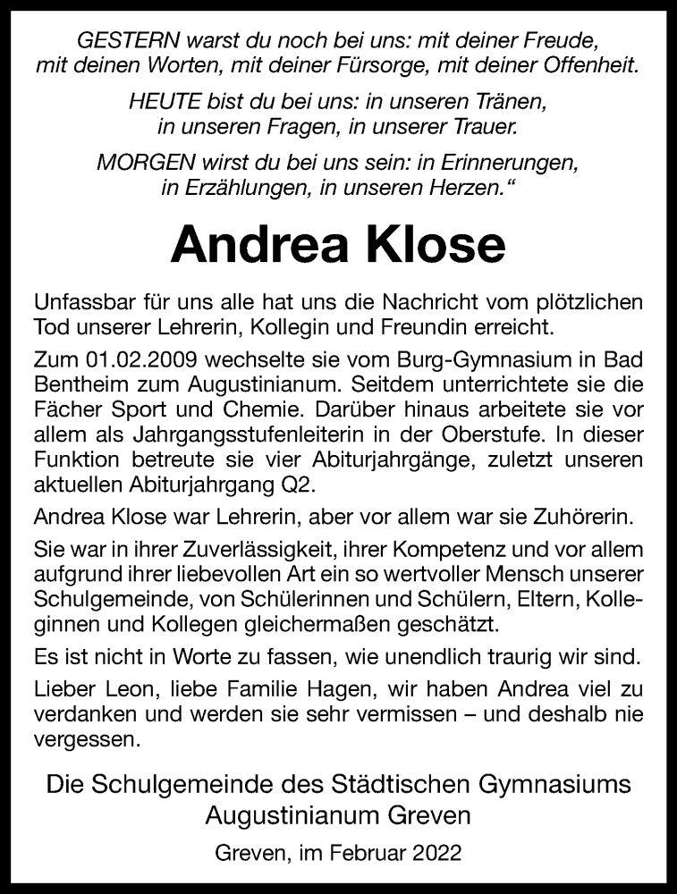  Traueranzeige für Andrea Klose vom 12.02.2022 aus 