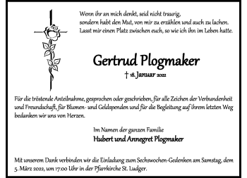 Anzeige von Gertrud Plogmaker 