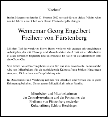 Anzeige von Wennemar Georg Engelbert Freiherr von Fürstenberg 