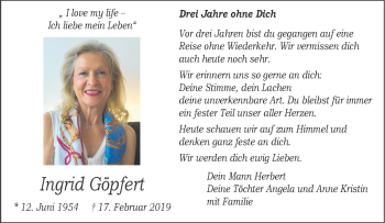 Anzeige von Ingrid Göpfert 