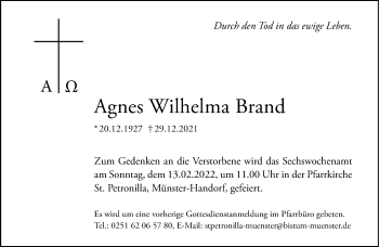 Anzeige von Agnes Wilhelma Brand 