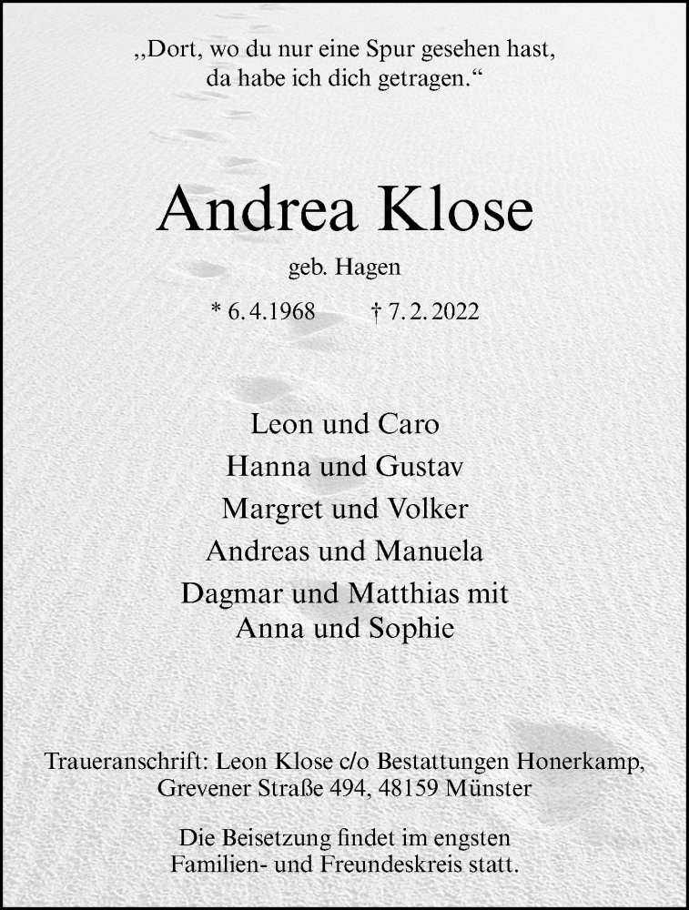  Traueranzeige für Andrea Klose vom 12.02.2022 aus 