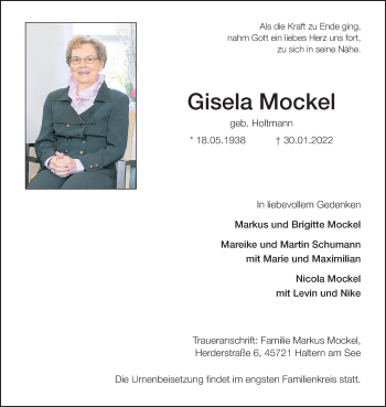 Anzeige von Gisela Mockel 