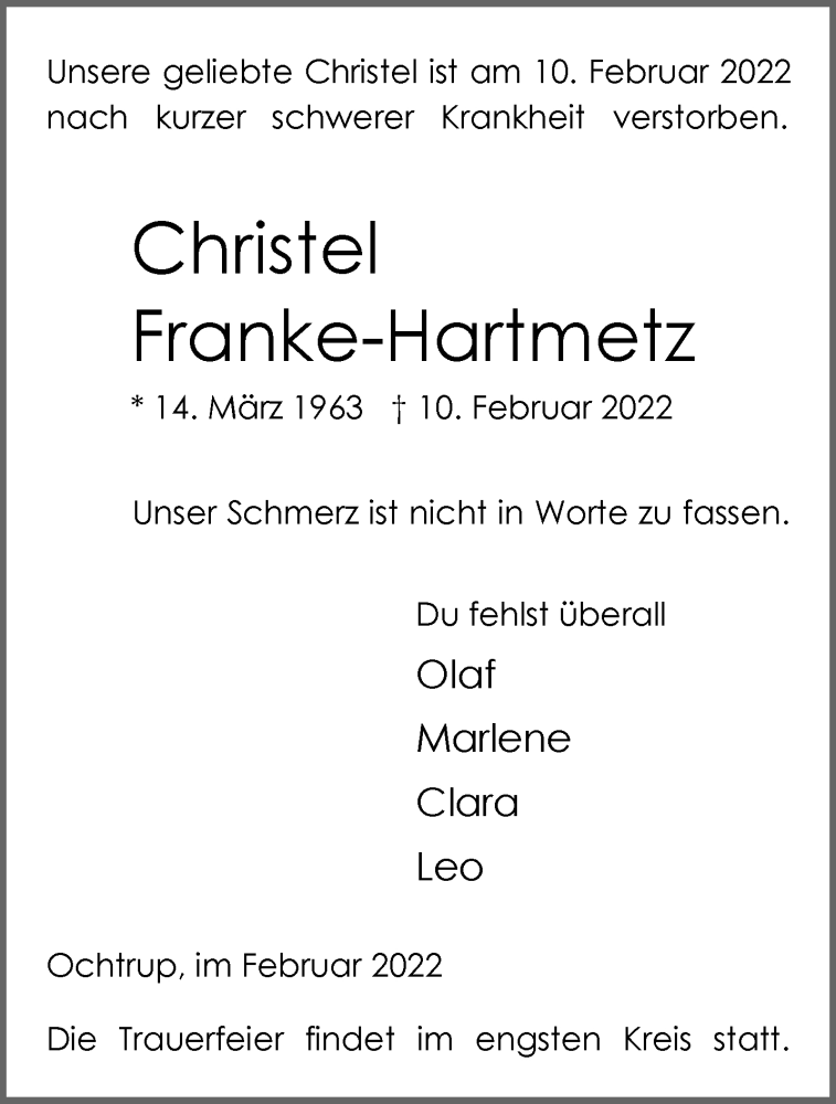  Traueranzeige für Christel Franke-Hartmetz vom 16.02.2022 aus 