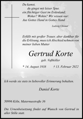 Anzeige von Gertrud Korte 