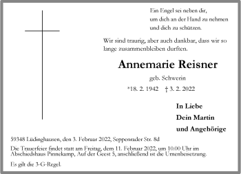 Anzeige von Annemarie Reisner 