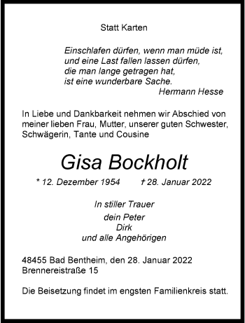 Anzeige von Gisa Bockholt 