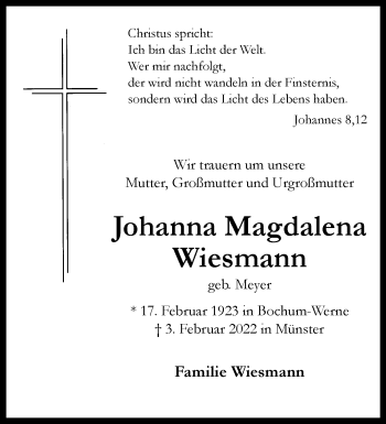 Anzeige von Johanna Magdalena Wiesmann 