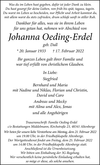 Anzeige von Johanna Oeding-Erdel 