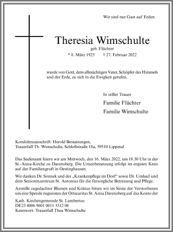 Anzeige von Theresia Wimschulte 