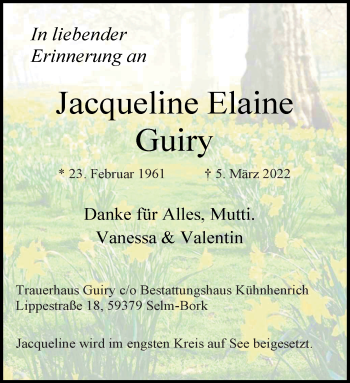 Anzeige von Jacqueline Elaine Guiry 