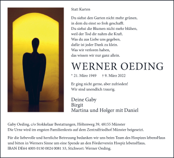 Anzeige von Werner Oeding 