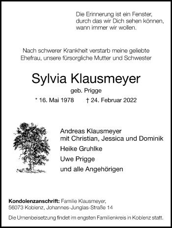 Anzeige von Sylvia Klausmeyer 