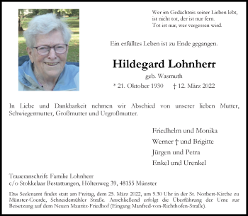 Anzeige von Hildegard Lohnherr 