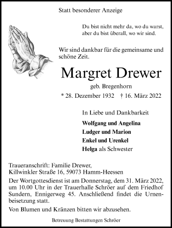 Anzeige von Margret Drewer 