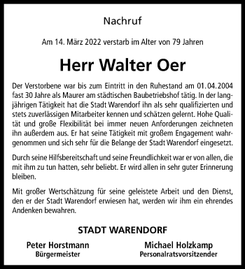 Anzeige von Walter Oer 