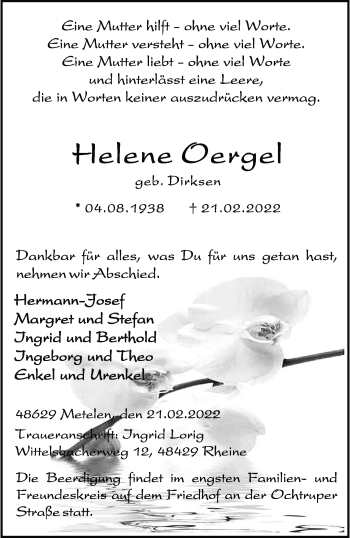 Anzeige von Helene Oergel 