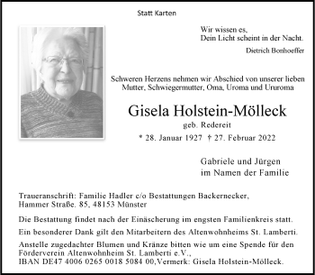 Anzeige von Gisela Holstein-Mölleck 