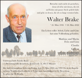 Anzeige von Walter Brake 