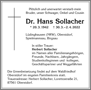 Anzeige von Hans Sollacher 