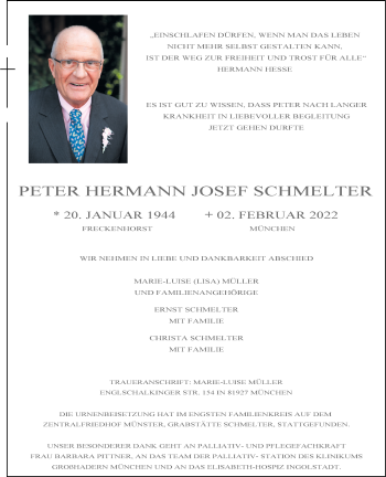 Anzeige von Peter Hermann Josef Schmelter 