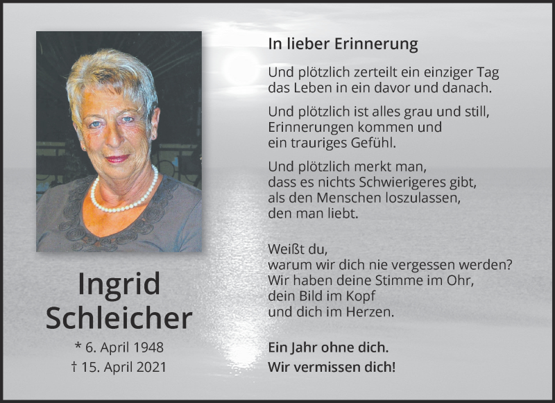  Traueranzeige für Ingrid Schleicher vom 15.04.2022 aus 