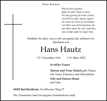 Anzeige von Hans Hautz 