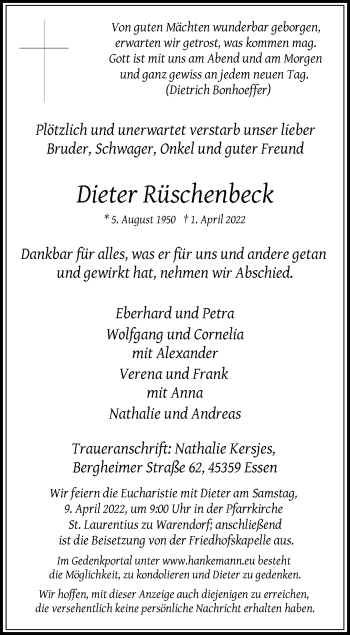 Anzeige von Dieter Rüschenbeck 