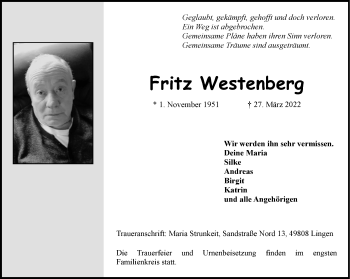 Anzeige von Fritz Westenberg 