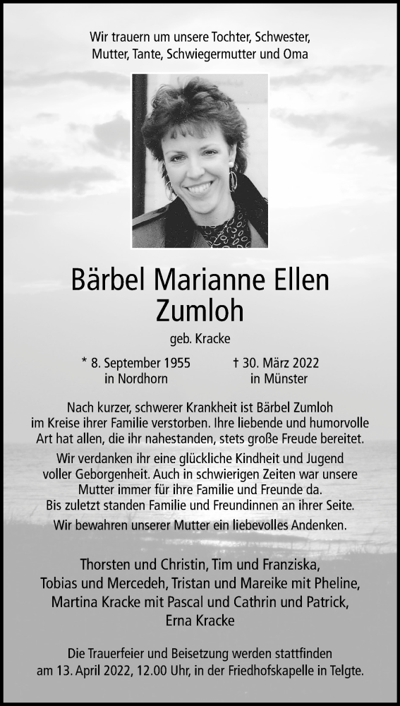  Traueranzeige für Bärbel Marianne Ellen Zumloh vom 02.04.2022 aus 