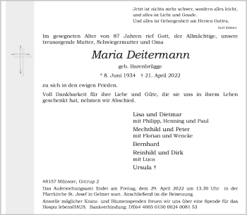 Anzeige von Maria Deitermann 