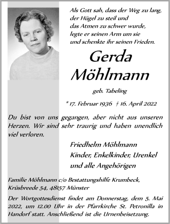 Anzeige von Gerda Möhlmann 