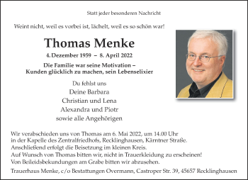 Anzeige von Thomas Menke 