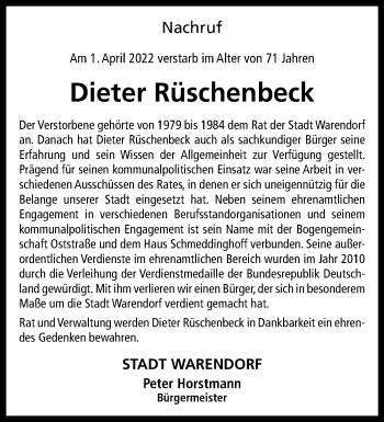 Anzeige von Dieter Rüschenbeck 