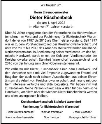 Anzeige von Dieter Rüschenbeck 