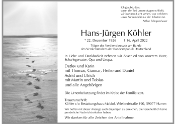 Anzeige von Hans-Jürgen Köhler 