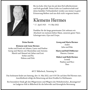 Anzeige von Klemens Hermes 