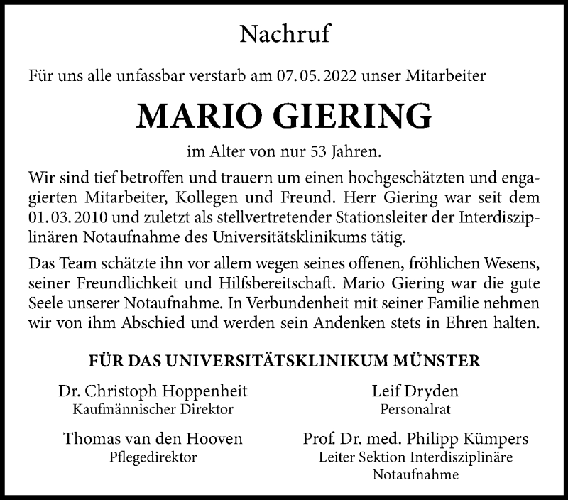  Traueranzeige für Mario Giering vom 21.05.2022 aus 