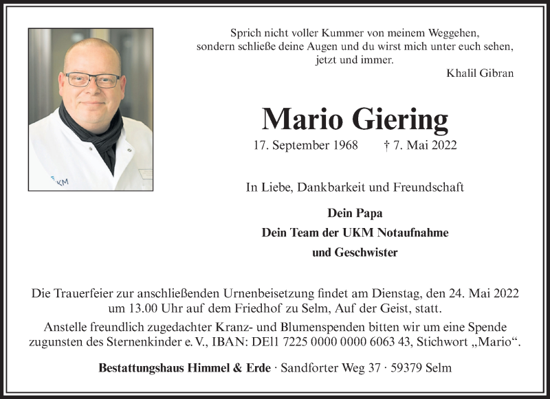  Traueranzeige für Mario Giering vom 21.05.2022 aus 