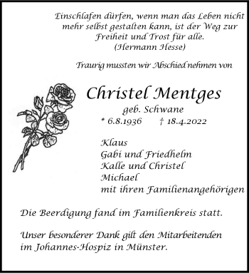 Anzeige von Christel Mentges 