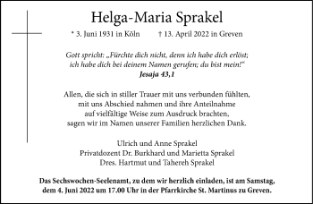 Anzeige von Helga-Maria Sprakel 