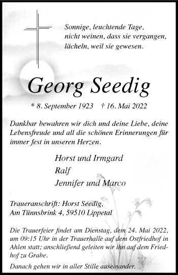 Anzeige von Georg Seedig 