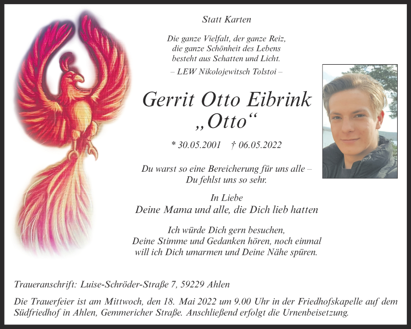  Traueranzeige für Gerrit Otto Eibrink vom 14.05.2022 aus 