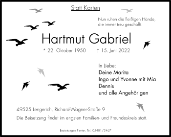 Anzeige von Hartmut Gabriel 