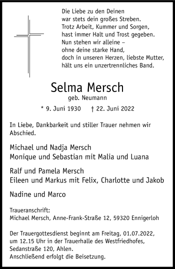 Anzeige von Selma Mersch 