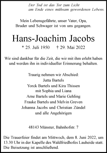 Anzeige von Hans-Joachim Jacobs 