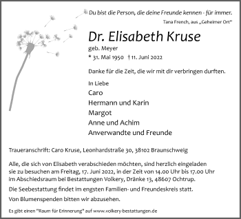 Anzeige von Elisabeth Kruse 