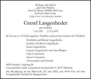 Anzeige von Gretel Langenheder 