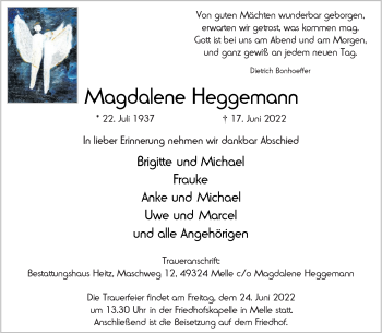 Anzeige von Magdalene Heggemann 